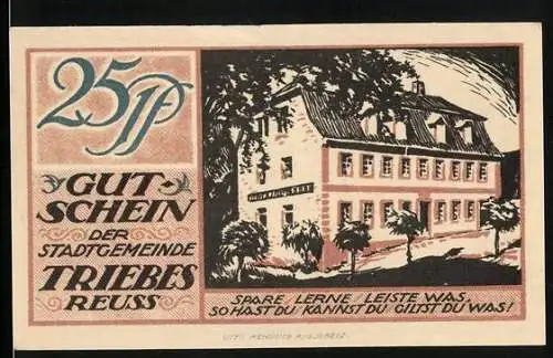 Notgeld Triebes /Reuss 1921, 25 Pfennig, Gebäude, Hobel, Bienenstock