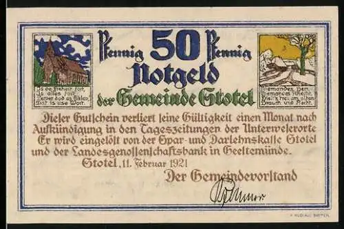Notgeld Stotel 1921, 50 Pfennig, Graf Kunigund, Ortspartie, Kirche