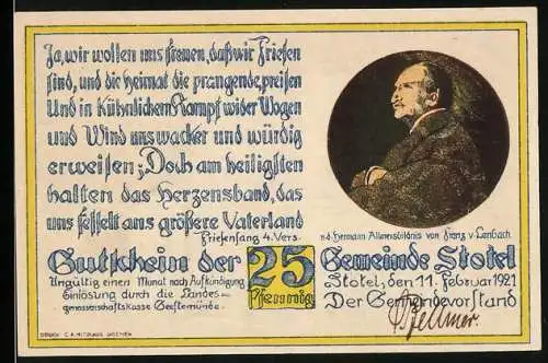 Notgeld Stotel 1921, 25 Pfennig, Hermann Allmers, Wappen, Blumen