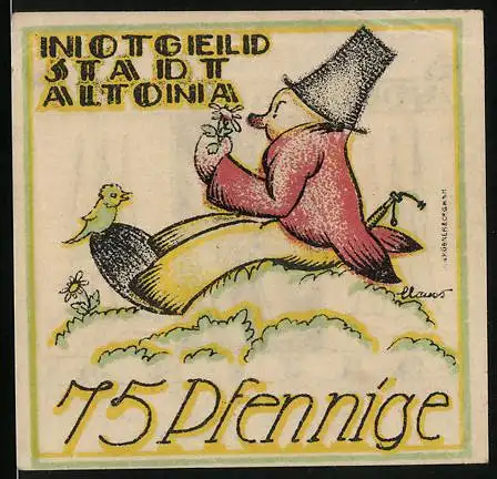 Notgeld Altona 1921, 75 Pfennig, Landstreicher mit Vogel, Türme