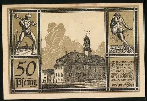 Notgeld Auma 1921, 50 Pfennig, Arbeiter, Bauer, Rathaus, Wappen
