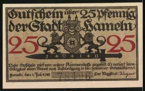 Notgeld Hameln 1918, 25 Pfennig, Wappen, Rattenfänger mit Kindern