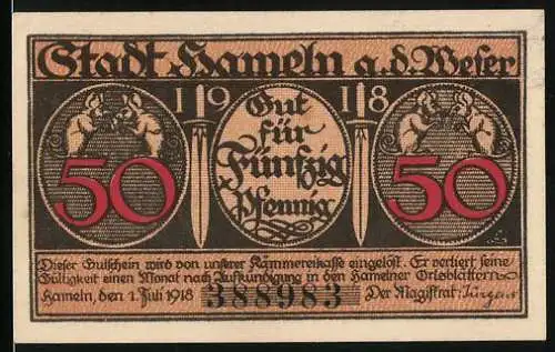 Notgeld Hameln 1918, 50 Pfennig, Ratten, Rattenfänger mit Kindern