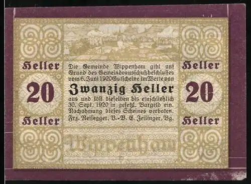 Notgeld Wippenham 1920, 20 Heller, Bauer mit Pflug, Ortsansicht