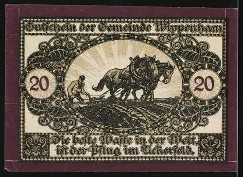 Notgeld Wippenham 1920, 20 Heller, Bauer mit Pflug, Ortsansicht