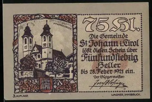 Notgeld St. Johann in Tirol 1921, 75 Heller, Pfarrkirche, Wappen, Paar, Burgen
