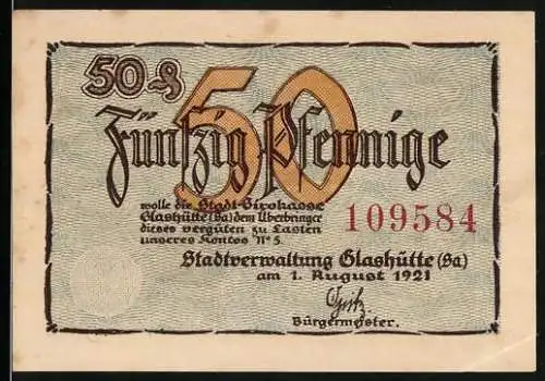 Notgeld Glashütte /Sa., 50 Pfennig, Uhrmacherschule