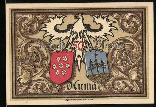 Notgeld Auma 1921, 50 Pfennig, Adler mit Wappen, Ortsansicht