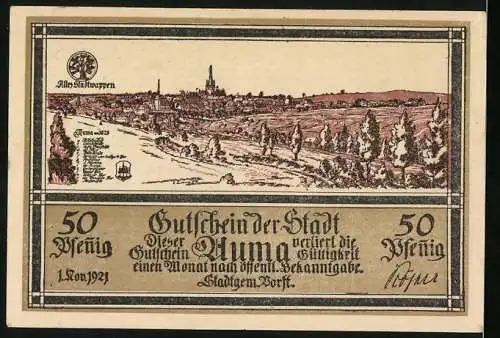 Notgeld Auma 1921, 50 Pfennig, Adler mit Wappen, Ortsansicht