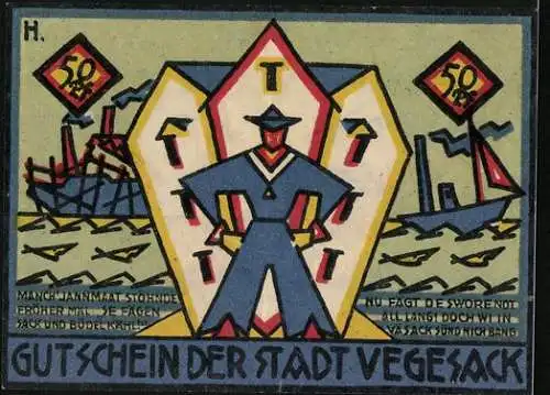 Notgeld Vegesack 1921, 50 Pfennig, Mittelloser Matrose und Schiffe, Anker, Dreizack, Steuerrad