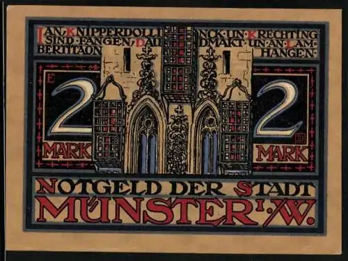 Notgeld Münster i. W. 1921, 2 Mark, Wiedertäufer-Käfige, Folter, Zangen