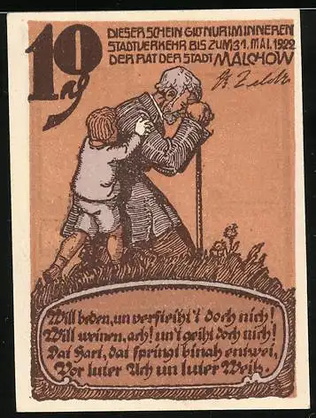 Notgeld Malchow 1922, 10 Pfennig, Segelpartie, Verzweifelter Vater mit Kind
