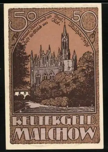 Notgeld Malchow 1922, 50 Pfennig, Kirche, Alte Frau mit Rosen