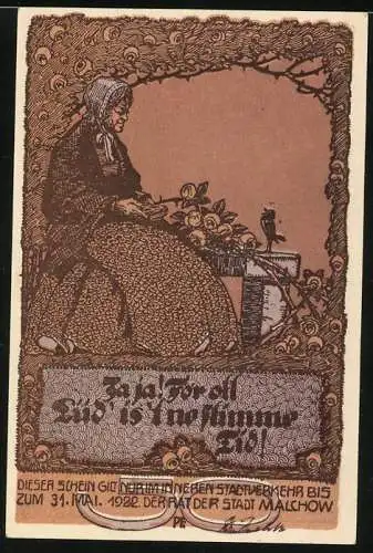 Notgeld Malchow 1922, 50 Pfennig, Kirche, Alte Frau mit Rosen