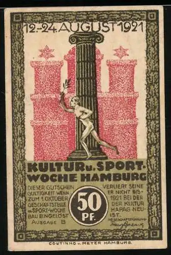 Notgeld Hamburg 1921, 50 Pfennig, Sportler vor Säule und Turmgebäude, Hafenansicht