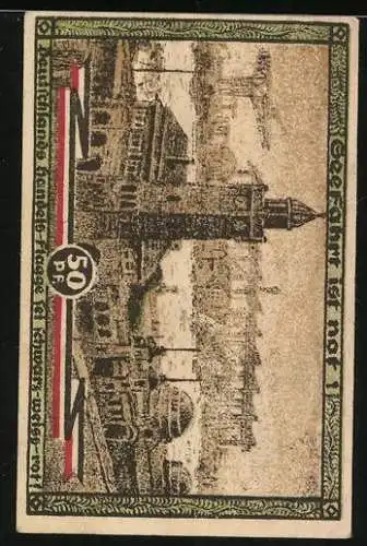 Notgeld Hamburg 1921, 50 Pfennig, Sportler vor Säule und Turmgebäude, Hafenansicht