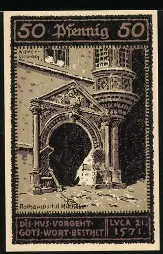 Notgeld Mücheln 1921, 50 Pfennig, Hirte, Rathausportal