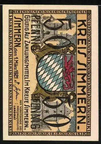 Notgeld Simmern 1921, 50 Pfennig, Trachtenpaar, Wappen, Turmgebäude