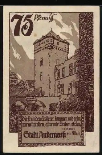 Notgeld Andernach 1920, 75 Pfennig, Ortspartie mit Turm, Wappen