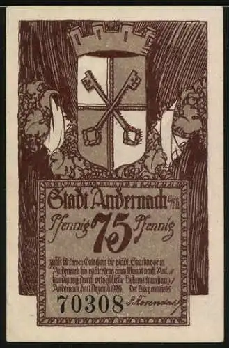 Notgeld Andernach 1920, 75 Pfennig, Ortspartie mit Turm, Wappen