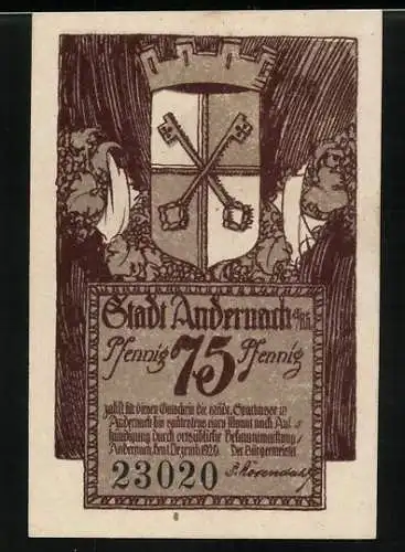 Notgeld Andernach 1920, 75 Pfennig, Ortspartie mit Turm, Wappen