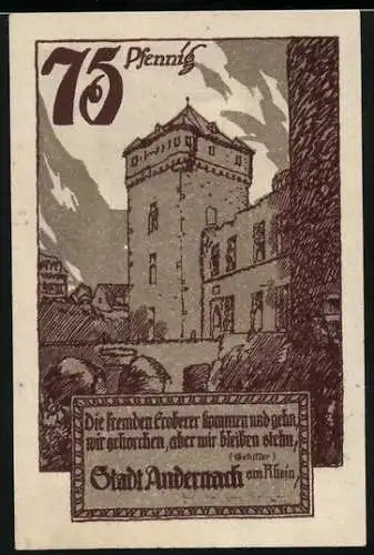 Notgeld Andernach 1920, 75 Pfennig, Ortspartie mit Turm u. Brücke, Wappen