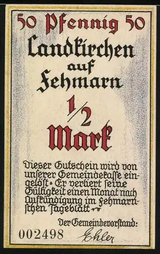 Notgeld Landkirchen /Fehmarn, 50 Pfennig, Marienleuchte