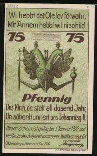 Notgeld Oldenburg /Holstein 1922, 75 Pfennig, Wappen, Turm-Gebäude