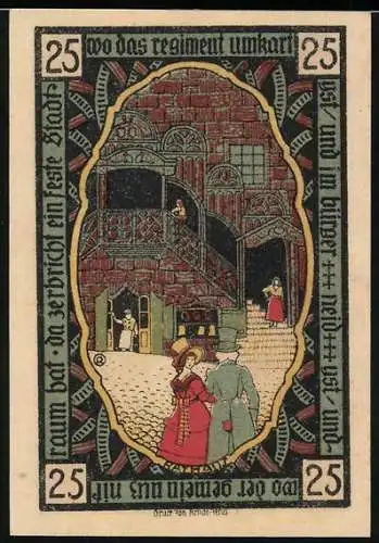 Notgeld Pössneck, 25 Pfennig, Wappen und Ornamente, Bürger vor dem Rathaus