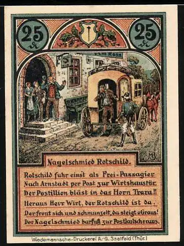 Notgeld Roda bei Ilmenau 1921, 25 Pfennig, Schöffenhaus, Nagelschmied Rotschild, Wappen