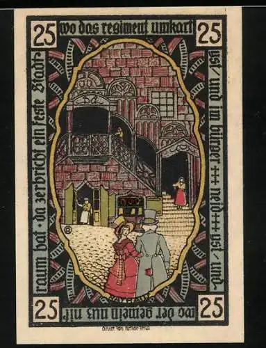 Notgeld Pössneck, 25 Pfennig, Wappen und Ornamente, Bürger vor dem Rathaus