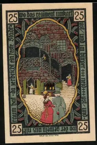 Notgeld Pössneck, 25 Pfennig, Wappen und Ornamente, Bürger vor dem Rathaus