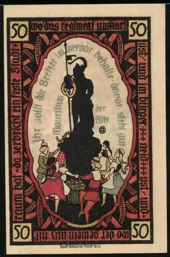 Notgeld Pössneck, 50 Pfennig, Wappen und Ornamente, Tanz um die Mauritius-Statue