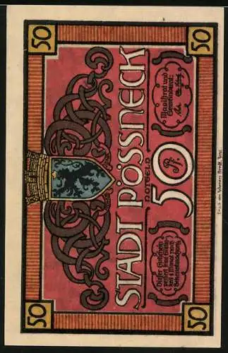 Notgeld Pössneck, 50 Pfennig, Wappen und Ornamente, Tanz um die Mauritius-Statue