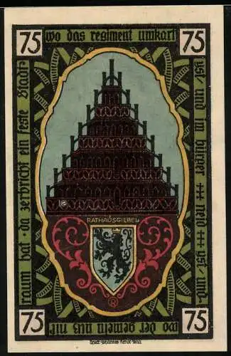 Notgeld Pössneck, 75 Pfennig, Wappen und Ornamente, Rathausgiebel