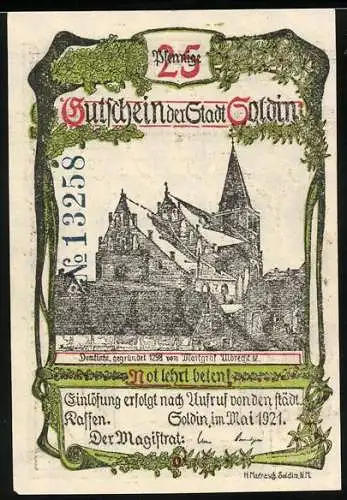 Notgeld Soldin 1921, 25 Pfennig, Domkirche, Tor