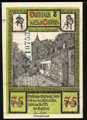 Notgeld Soldin 1921, 75 Pfennig, Pulverturm, Figuren, Kriegerdenkmal