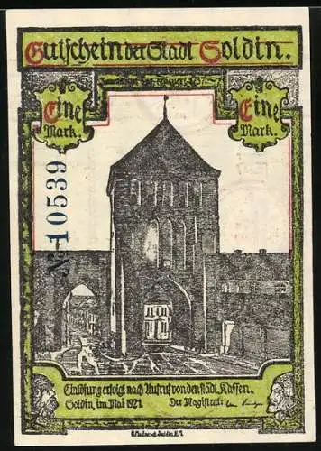 Notgeld Soldin 1921, 1 Mark, Turm mit Toren, Soldiner Käschen