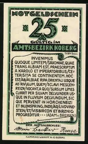 Notgeld Koberg, 25 Pfennig, Rebbenbruch-Burgwall-Grundriss