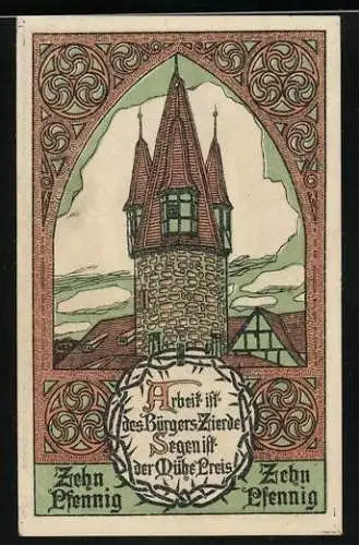 Notgeld Eschwege 1920, 10 Pfennig, Wappen, Turm