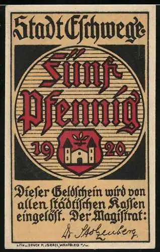 Notgeld Eschwege 1920, 5 Pfennig, Wappen, Bläser