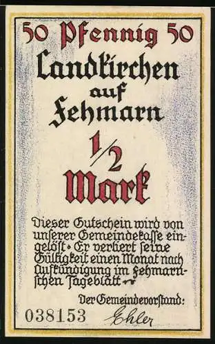 Notgeld Landkirchen /Fehmarn, 50 Pfennig, Marienleuchte