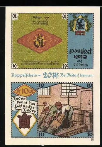 Notgeld Pössneck, 2 x 10 Pfennig, Wappen, Am Schabebaum, Walkfässer