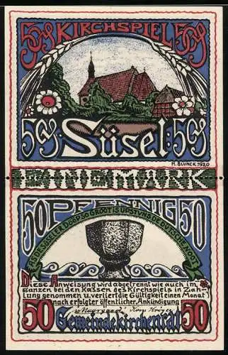 Notgeld Süsel 1920, 2 x 50 Pfennig, Säender Bauer, Gehöft, Ortspartie, Gefäss