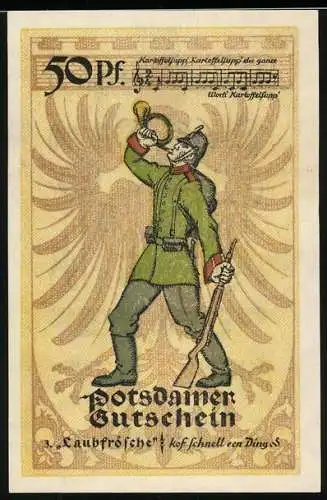 Notgeld Potsdam 1921, 50 Pfennig, Wappen, Bläser, Liedzeile Kartoffelsupp