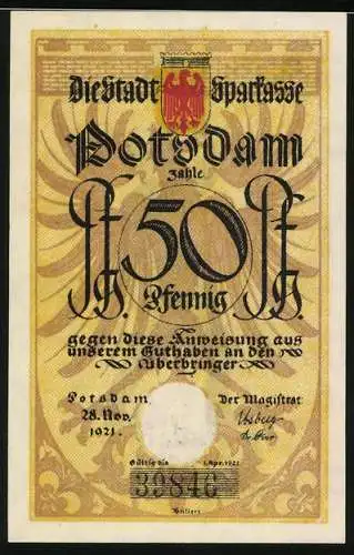 Notgeld Potsdam 1921, 50 Pfennig, Wappen, Bläser, Liedzeile Kartoffelsupp