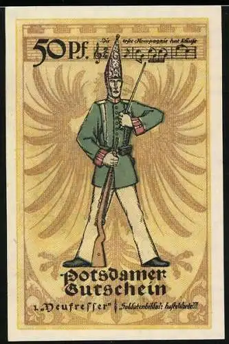 Notgeld Potsdam 1921, 50 Pfennig, Wappen, Soldat, Liedzeile Die erste Kompagnie hat Läuse