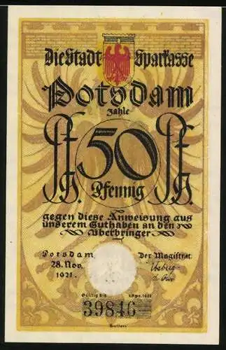 Notgeld Potsdam 1921, 50 Pfennig, Wappen, Soldat, Liedzeile Die erste Kompagnie hat Läuse