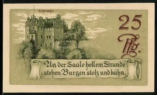 Notgeld Saalfeld a. Saale 1921, 25 Pfennig, Burgruine Hoher Schwarm und Schloss Kitzerstein