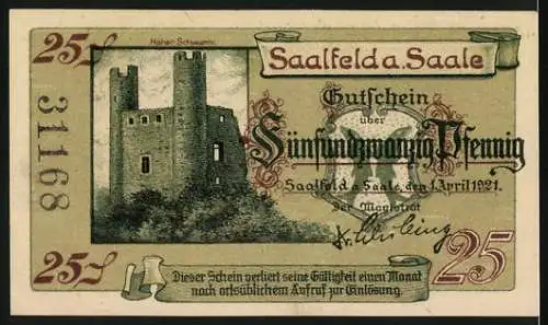 Notgeld Saalfeld a. Saale 1921, 25 Pfennig, Burgruine Hoher Schwarm und Schloss Kitzerstein